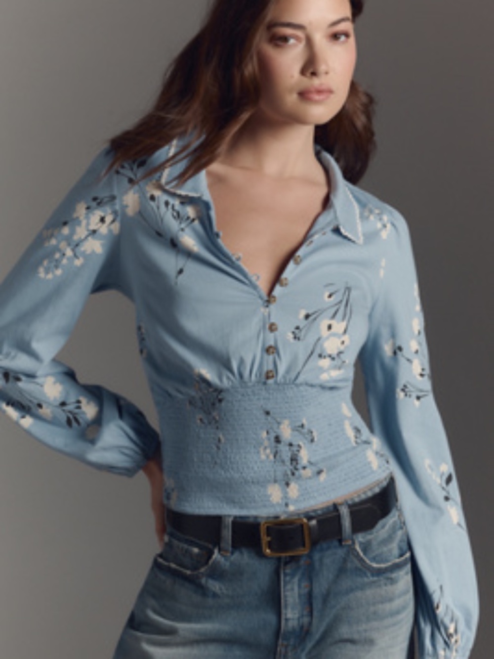 Maeve Smocked Buttondown Top Size S